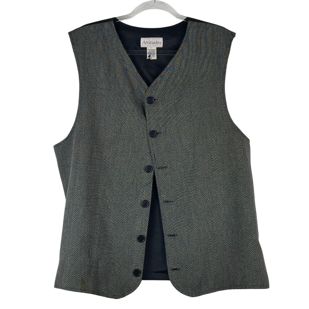 Attitudes 1990s Women's Black Chevron Gray Long Button Vest Size XL Adjust READ
